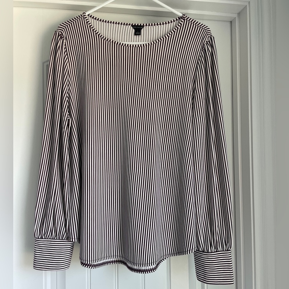 Ann Taylor Maroon Striped Button Sleeve Blouse - L